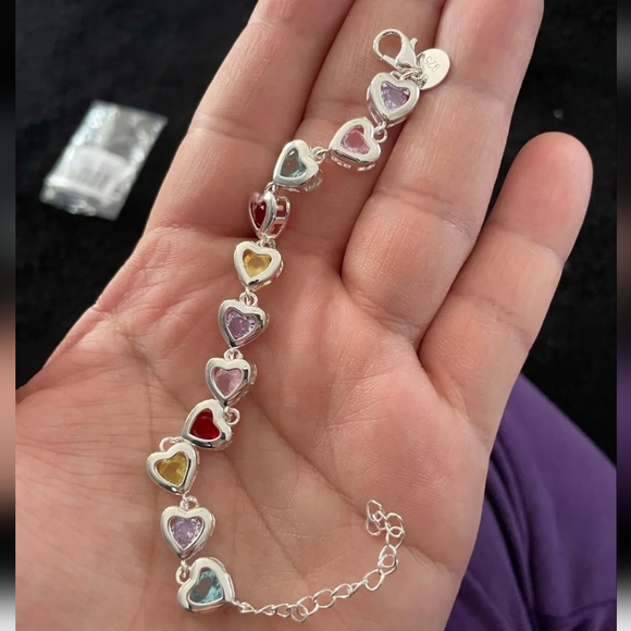 New gorgeous 925 stamped Silver plated multi colored heart bracelet - Picture 1 of 12